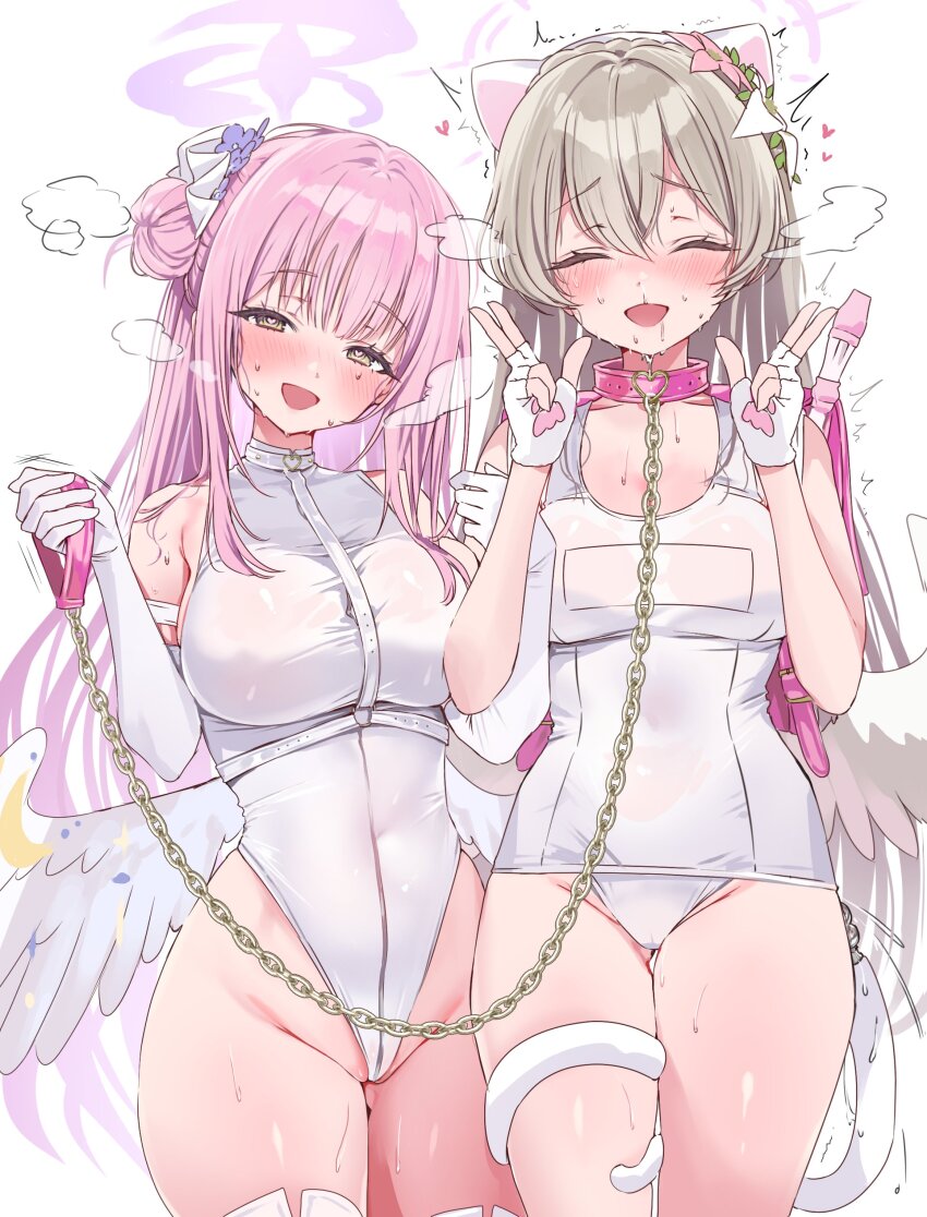 2girls absurdres anal_beads anal_tail angel_wings animal_collar backpack bag bdsm blue_archive boots breasts brown_hair butt_plug cameltoe chain chain_leash closed_eyes collar commentary_request cowboy_shot donut_hair_bun double_v elbow_gloves fake_tail feathered_wings female_pervert femdom fingerless_gloves flute gloves groin hair_bun halo heart heart-shaped_pupils heavy_breathing highleg highleg_leotard highleg_one-piece_swimsuit highres holding holding_leash instrument large_breasts latex latex_leotard leash leotard long_hair low_wings medium_breasts mika_(blue_archive) multiple_girls nagisa_(blue_archive) nikuya_(nikuniku_nikuya) no_bra old_school_swimsuit one-piece_swimsuit pervert pet pink_bag pink_collar pink_hair pink_halo pussy randoseru recorder school_swimsuit see-through_clothes see-through_leotard see-through_one-piece_swimsuit sex_toy side_up_bun single_side_bun slave sleeveless smile steam steaming_body sweat sweaty_clothes swimsuit symbol-shaped_pupils tail tail_around_another&#039;s_leg tail_wrap thick_thighs thighs tilted_head v very_long_hair very_sweaty wet wet_clothes wet_swimsuit white_boots white_gloves white_leotard white_one-piece_swimsuit white_wings wings yellow_eyes