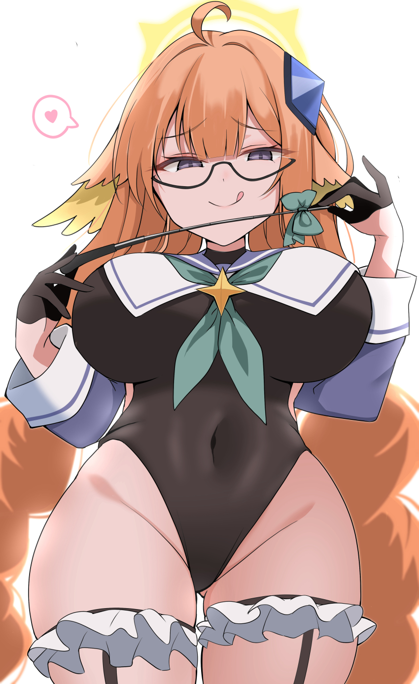 1girl :q absurdres ahoge black_gloves black_leotard blue_archive bow braid breasts commentary_request covered_navel cowboy_shot feather_hair glasses gloves green_bow green_neckerchief grey_eyes halo heart highres holding holding_riding_crop hoshimi_0 impossible_clothes impossible_leotard large_breasts leotard long_hair long_sleeves looking_at_viewer neckerchief official_alternate_costume orange_hair riding_crop shimiko_(blue_archive) shimiko_(magical)_(blue_archive) simple_background smile solo spoken_heart tongue tongue_out twin_braids white_background yellow_halo