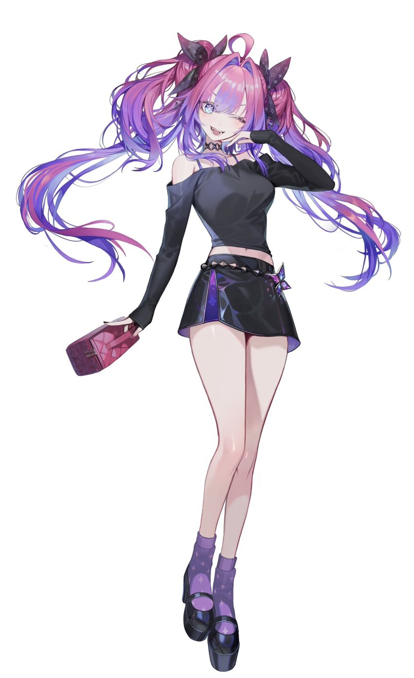 1girl :d ahoge artist_request bag bare_legs bare_shoulders black_nails black_shirt black_shoes black_skirt blue_eyes blue_hair center-flap_bangs choker commentary_request floating_hair full_body gradient_hair hair_ribbon hand_on_own_chin highres holding holding_bag hololive hololive_dev_is kikirara_vivi looking_at_viewer midriff miniskirt multicolored_hair navel_peek off-shoulder_shirt off_shoulder official_alternate_costume official_art one_eye_closed open_mouth pink_bag pink_hair pink_nails platform_shoes print_ribbon purple_socks ribbon second-party_source shirt shoes simple_background skirt sleeves_past_wrists smile socks solo sparkle_print standing straight-on teeth twintails virtual_youtuber white_background