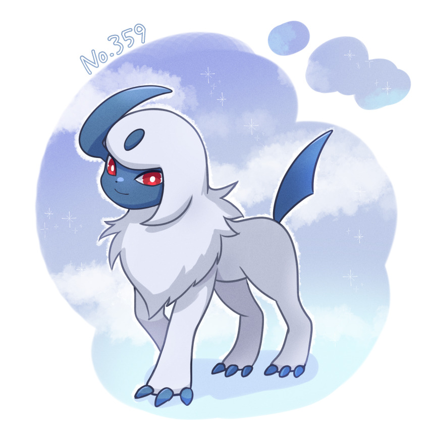 025sakura393 absol border bright_pupils claws closed_mouth commentary_request full_body gen_3_pokemon highres nintendo no_humans pokedex_number pokemon pokemon_(creature) pokemon_focus red_eyes smile solo standing white_border white_fur white_pupils