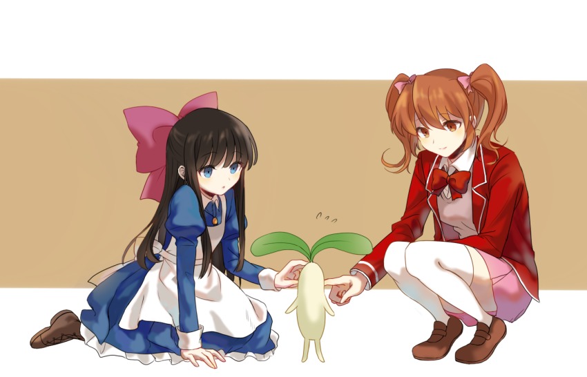 2girls aaniko aki_(misao) apron arm_support aya_drevis blazer blue_dress blue_eyes blush bow breasts brown_footwear brown_hair cardigan closed_mouth collared_shirt creator_connection crossover dress flying_sweatdrops hair_bow half_updo jacket jewelry kneeling loafers long_hair long_sleeves looking_at_another mad_father mandrake medium_breasts misao multiple_girls necklace open_clothes open_jacket parted_lips pink_bow poking puffy_long_sleeves puffy_sleeves red_neckwear school_uniform shirt shoes smile squatting standing thighhighs twintails very_long_hair white_apron white_legwear white_shirt wing_collar