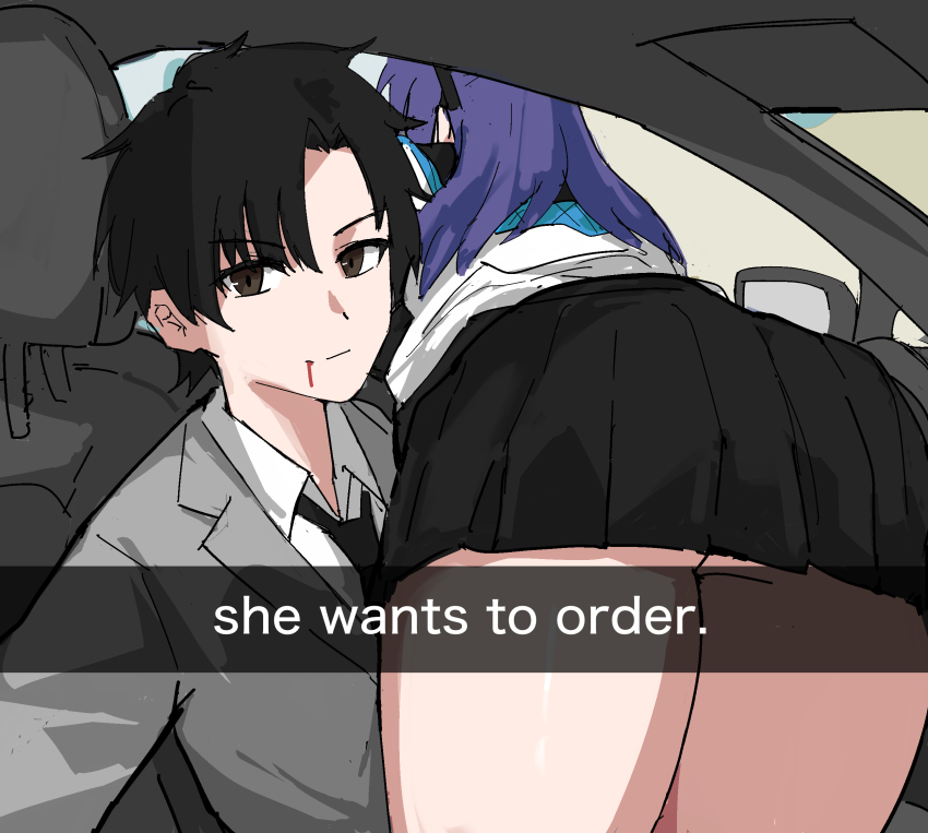 1boy 1girl ass black_eyes black_hair black_necktie black_skirt blue_archive car_interior closed_mouth collared_shirt commentary english_text grey_jacket hair_ornament he_wants_to_order_(meme) highres jacket long_hair looking_at_viewer meme miniskirt necktie pleated_skirt purple_hair sensei_(blue_archive) sensei_(blue_archive_the_animation) shirt short_hair skirt snapchat tenten_(chan4545) thighs v-shaped_eyebrows white_jacket white_shirt yuuka_(blue_archive)