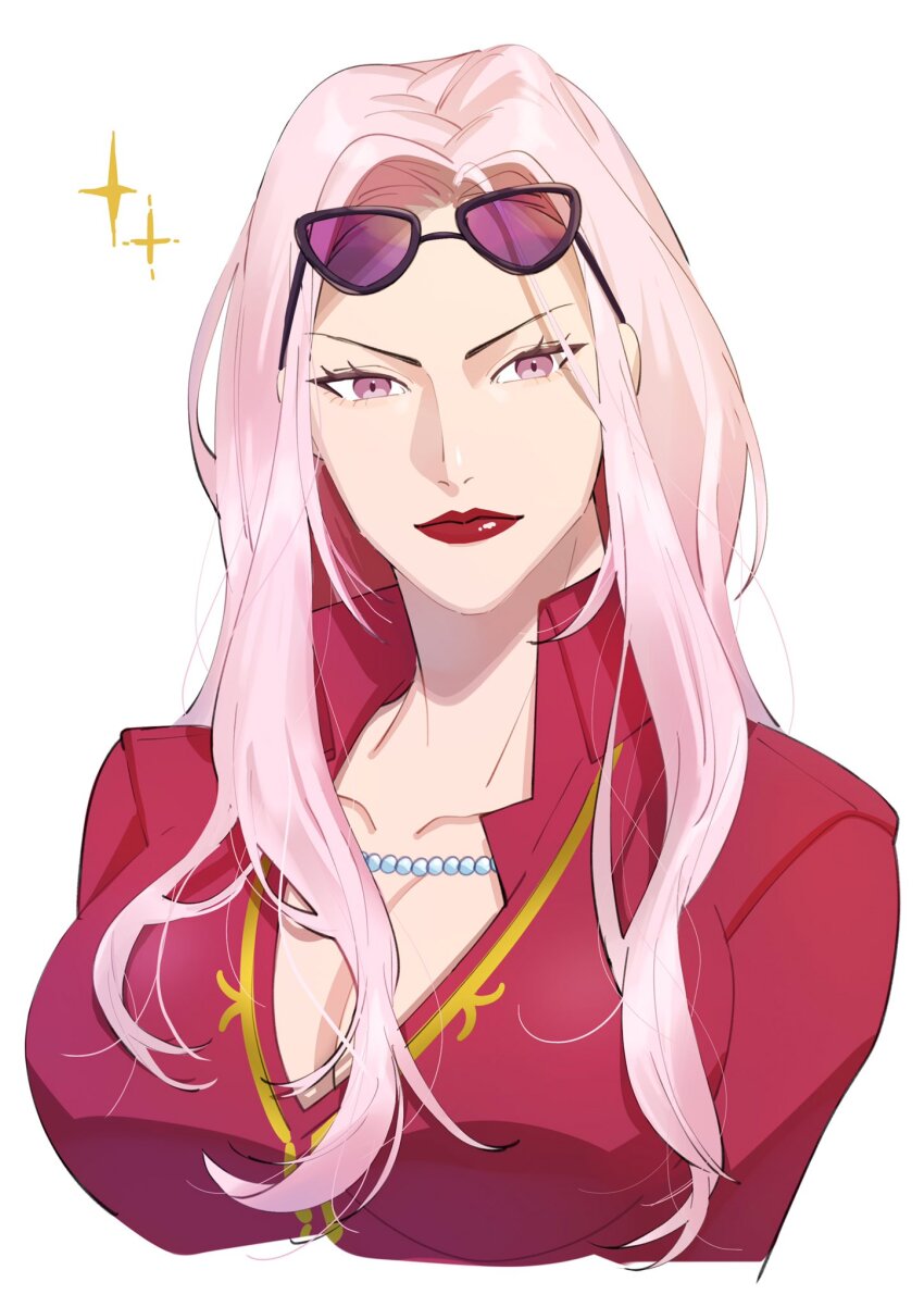 1girl closed_mouth collared_jacket commentary_request eyewear_on_head highres hina_(one_piece) jacket jewelry long_hair looking_at_viewer mifunenco necklace one_piece pearl_necklace pink_eyes pink_lips purple-tinted_eyewear red_lips simple_background solo sparkle sunglasses tinted_eyewear upper_body white_background