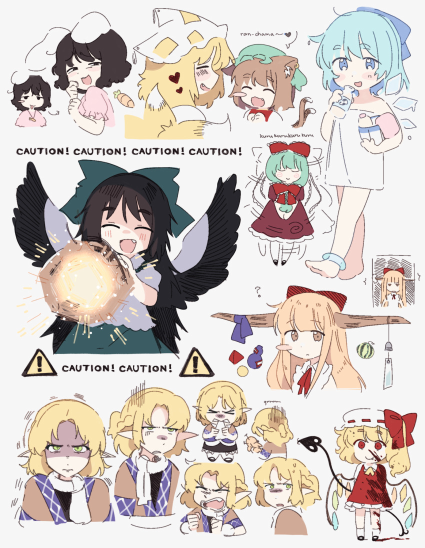 &gt;_&lt; 3: 6+girls :3 :d ? ^_^ afterimage angry animal_ear_fluff animal_ears anklet annoyed arm_cannon arms_behind_back bare_legs barefoot bird_wings biting biting_clothes black_eyes black_hair black_shoes black_wings blonde_hair blood blood_on_clothes blood_on_face blue_bow blue_eyes blue_hair blunt_bangs blush blush_stickers bottle bow braid brown_hair carrot carrot_necklace cat_ears cat_girl cat_tail chen chibi cirno clenched_hands closed_eyes closed_mouth collage cropped_shoulders cropped_torso d: door dot_nose dress drinking earrings empty_eyes english_text expressionless facing_away facing_viewer fang fang_out feathered_wings flandre_scarlet floppy_ears food fox_girl fox_tail frills from_behind from_side front_ponytail fruit glaring gourd green_bow green_eyes green_hair green_hat green_skirt grey_background grimace hair_bow half_up_half_down_braid hand_up hands_up hat hat_bow heart highres holding holding_bottle horn_ornament horn_ribbon horns ibuki_suika ice ice_wings inaba_tewi inconvenient_horns jewelry jitome laevatein_(touhou) large_horns laughing legs_apart lisa_(faeuna) long_hair looking_at_viewer looking_back mary_janes milk_bottle mizuhashi_parsee mob_cap motion_lines multiple_girls multiple_tails multiple_views naked_towel narrowed_eyes neck_ribbon necklace nekomata no_nose open_mouth orange_hair own_hands_together parted_bangs parted_lips pointy_ears puff_of_air puffy_short_sleeves puffy_sleeves rabbit_ears red_bow red_dress red_eyes reiuji_utsuho ribbon ribbon_trim sanpaku scarf shaded_face shoes short_hair short_sleeves side_ponytail sign single_blush_sticker single_earring skirt smile smug socks sound_effects sparks speech_bubble spinning standing straight-on straw_doll sweat tail tail_raised tassel teeth thick_thighs thighs touhou towel trembling turn_pale two_tails u_u upper_body upper_teeth_only v-shaped_eyebrows v_arms walking warning_sign watermelon weapon white_scarf white_socks wide-eyed wide_shot wind_chime wing_collar wings yakumo_ran