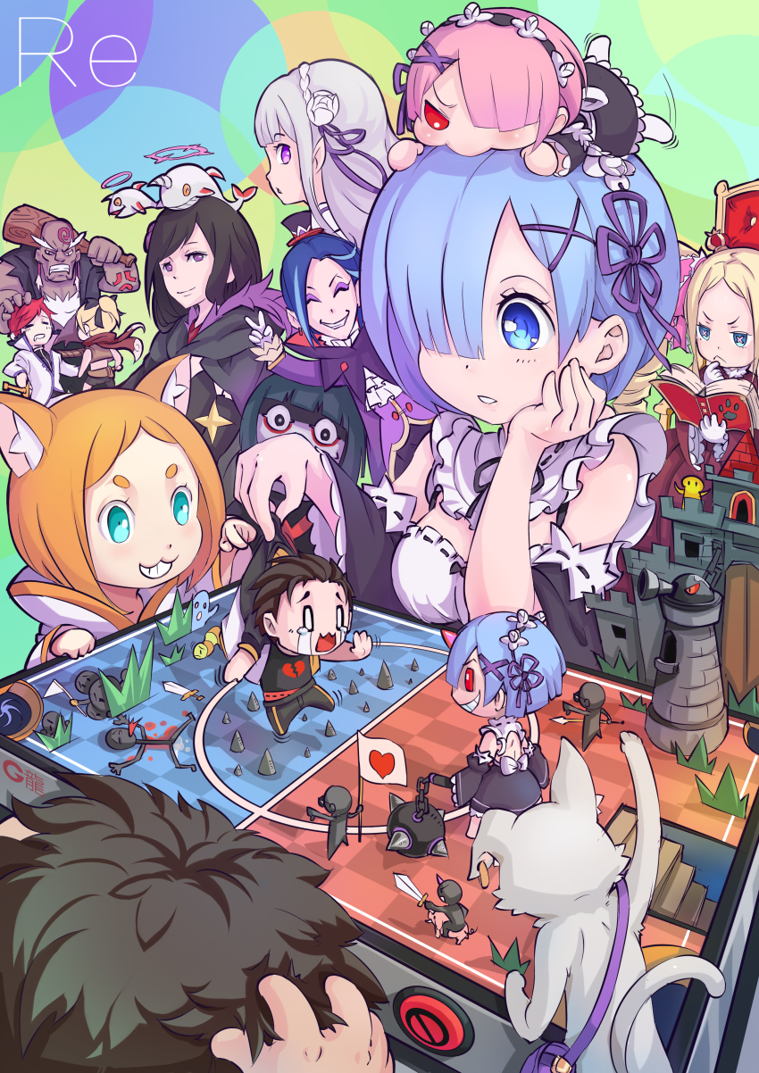 1738706916 absurdres angry animal_ears asymmetrical_clothes bald ball_and_chain_(weapon) bare_shoulders beatrice_(re:zero) black_bow black_cloak black_hair blonde_hair blue_eyes blue_hair blush board_game bow bowl_cut braid breasts butterfly-shaped_pupils cannon capelet castle cat cat_ears cat_tail character_doll chibi cloak club_(weapon) colored_skin crown crown_braid detached_sleeves doll dress drill_hair elf elsa_granhilte emilia_(re:zero) felt_(re:zero) flag flower frills full_body fur-trimmed_capelet fur_trim gloves green_eyes green_hair green_skin grey_cat grey_hair hair_bow hair_flower hair_ornament hair_over_one_eye hair_ribbon hair_slicked_back hakugei_(re:zero) hat heart high_collar highres horns jacket long_hair long_sleeves maid maid_headdress medium_breasts mimi_pearlbaton mini_crown mini_person multicolored_cloak multiple_boys multiple_girls natsuki_subaru open_mouth orange_hair petelgeuse_romaneeconti pink_eyes pink_hair pink_pupils pink_ribbon pointy_ears puck_(re:zero) purple_eyes purple_flower purple_ribbon purple_rose ram_(re:zero) re:zero_kara_hajimeru_isekai_seikatsu red_eyes red_hair red_scarf reinhard_van_astrea rem_(re:zero) ribbon ribbon-trimmed_clothes ribbon_trim rom_(re:zero) rose roswaal_l._mathers roswaal_mansion_maid_uniform scarf shirt short_hair siblings sidelocks single_horn single_pantsleg sisters smile spiked_ball_and_chain stairs symbol-shaped_pupils table tail towel track_jacket track_suit twin_drills twins weapon whale white_flower white_hair white_rose white_whale x_hair_ornament