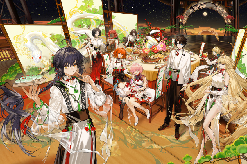 1boy 1other 6+girls absurdres ahoge aozaki_aoko archetype_earth arcueid_brunestud arlizi artoria_pendragon_(fate) bare_shoulders bead_bracelet beads belt black_dress black_hair black_pants black_skirt blonde_hair blue_eyes bracelet braid braided_ponytail breasts brown_hair choker closed_eyes collared_shirt corset detached_sleeves dress fate/grand_order fate_(series) fujimaru_ritsuka_(female) fujimaru_ritsuka_(male) gradient_clothes gradient_skirt green_eyes grey_eyes grin hair_bun hair_intakes hair_over_one_eye hair_ribbon highres jacket jewelry large_breasts layered_skirt licking_lips long_hair long_skirt long_sleeves mash_kyrielight medium_breasts multiple_girls necklace obi one_side_up open_mouth orange_eyes orange_hair pants parted_bangs pink_hair red_eyes red_skirt ribbon ryougi_shiki saber_(fate) sash shirt short_hair side_slit sidelocks skirt smile snake tongue tongue_out two-tone_dress very_long_hair white_dress white_jacket white_shirt yamato_takeru_(fate)