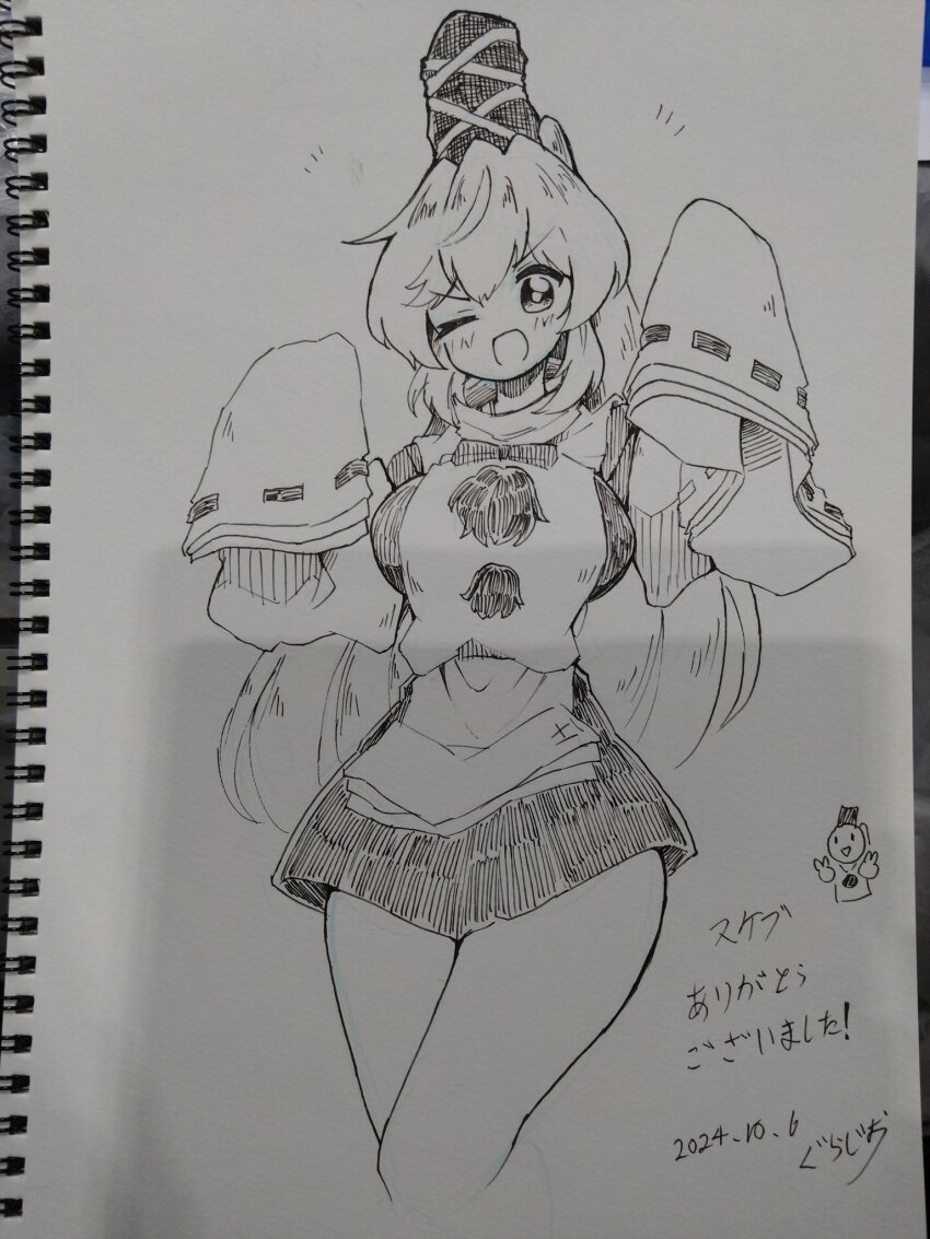 1girl ;d breasts commentary_request dated greyscale gurajio hat highres japanese_clothes kariginu large_breasts long_hair long_sleeves looking_at_viewer monochrome mononobe_no_futo one_eye_closed open_mouth pom_pom_(clothes) ponytail ribbon-trimmed_sleeves ribbon_trim sketch sleeves_past_fingers sleeves_past_wrists smile solo tate_eboshi touhou traditional_media translation_request v-shaped_eyebrows