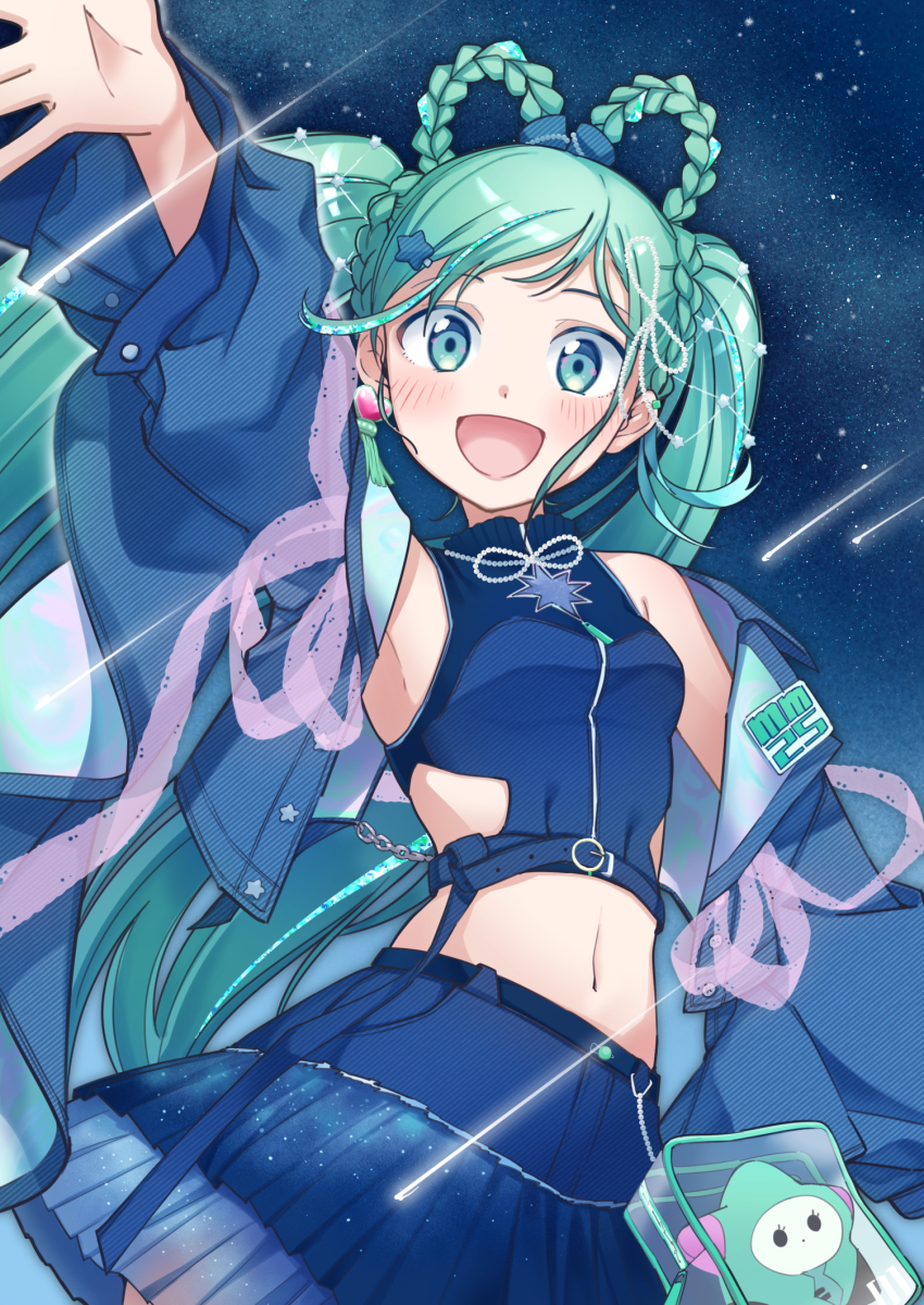 1girl agonasubi aqua_hair arm_up blue_eyes blue_jacket blue_skirt blush braid braided_hair_rings breasts commentary_request crop_top earrings hair_ornament hair_rings hatsune_miku heart heart_earrings highres jacket jewelry long_hair long_sleeves looking_at_viewer magical_mirai_(vocaloid) magical_mirai_miku magical_mirai_miku_(2025) medium_breasts navel official_alternate_costume official_alternate_hairstyle open_clothes open_jacket open_mouth shirt single_earring skirt sleeveless sleeveless_shirt smile solo star_(symbol) star_hair_ornament stomach twintails very_long_hair vocaloid