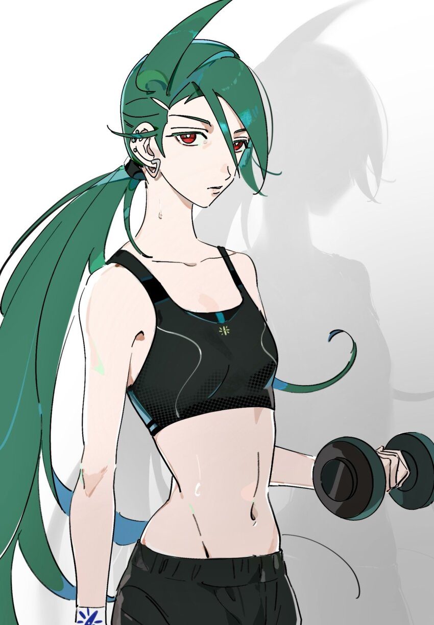 1girl ahoge alternate_costume black_pants black_sports_bra bright_pupils collarbone commentary creatures_(company) dumbbell earrings exercising game_freak geetasdog green_hair hair_between_eyes highres holding jewelry long_hair navel nintendo pants pokemon pokemon_sv ponytail red_eyes rika_(pokemon) solo sports_bra stud_earrings sweat weightlifting wristband