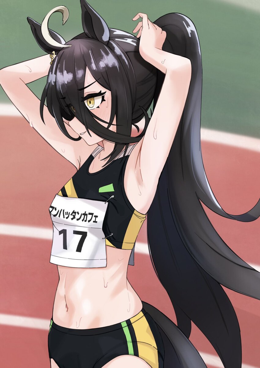 1girl ahoge animal_ears armpits black_hair black_sports_bra blush book-16key character_name cowboy_shot ear_tag highres horse_ears horse_girl horse_tail long_hair manhattan_cafe_(umamusume) multicolored_hair name_tag navel parted_lips ponytail running_track solo sports_bikini sports_bra stomach streaked_hair sweat tail track_and_field tying_hair umamusume white_hair yellow_eyes
