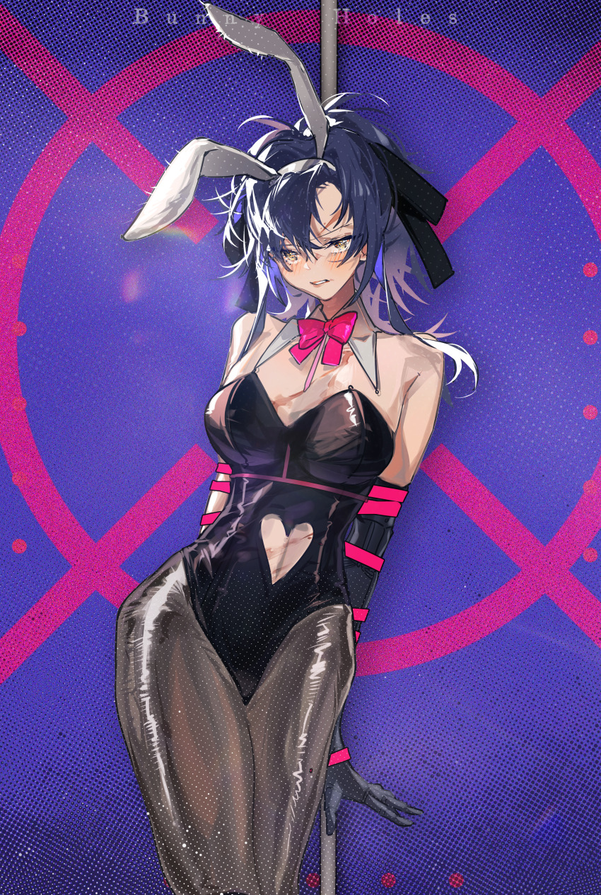 1girl absurdres angelia_(girls&#039;_frontline) animal_ears bdsm black_leotard black_pantyhose black_ribbon blue_hair blueblossom blush bondage bound breasts cowboy_shot english_text fake_animal_ears girls&#039;_frontline hair_ribbon highres leotard long_hair looking_at_viewer mechanical_arms messy_hair pantyhose parted_lips pink_ribbon playboy_bunny prosthesis prosthetic_arm rabbit_ears rabbit_hole_(vocaloid) ribbon scar scar_on_chest scar_on_face scar_on_forehead solo teeth vocaloid