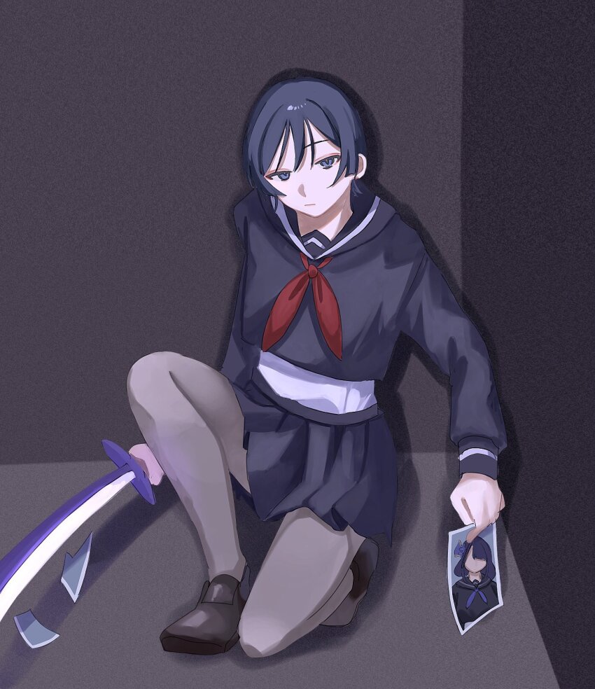 1boy alternate_costume arms_at_sides black_eyes black_hair black_sailor_collar black_skirt black_sleeves blunt_ends brown_shoes closed_mouth contemporary cropped_shirt crossdressing eyeliner eyeshadow genshin_impact grey_pantyhose highres holding holding_photo holding_sword holding_weapon long_sleeves looking_at_viewer makeup male_focus neckerchief on_one_knee pantyhose photo_(object) pleated_skirt raiden_shogun red_eyeliner red_eyeshadow red_neckerchief sailor_collar scaramouche_(genshin_impact) school_uniform shoes shomo_uwu skirt solo sword tsurime weapon white_trim white_undershirt