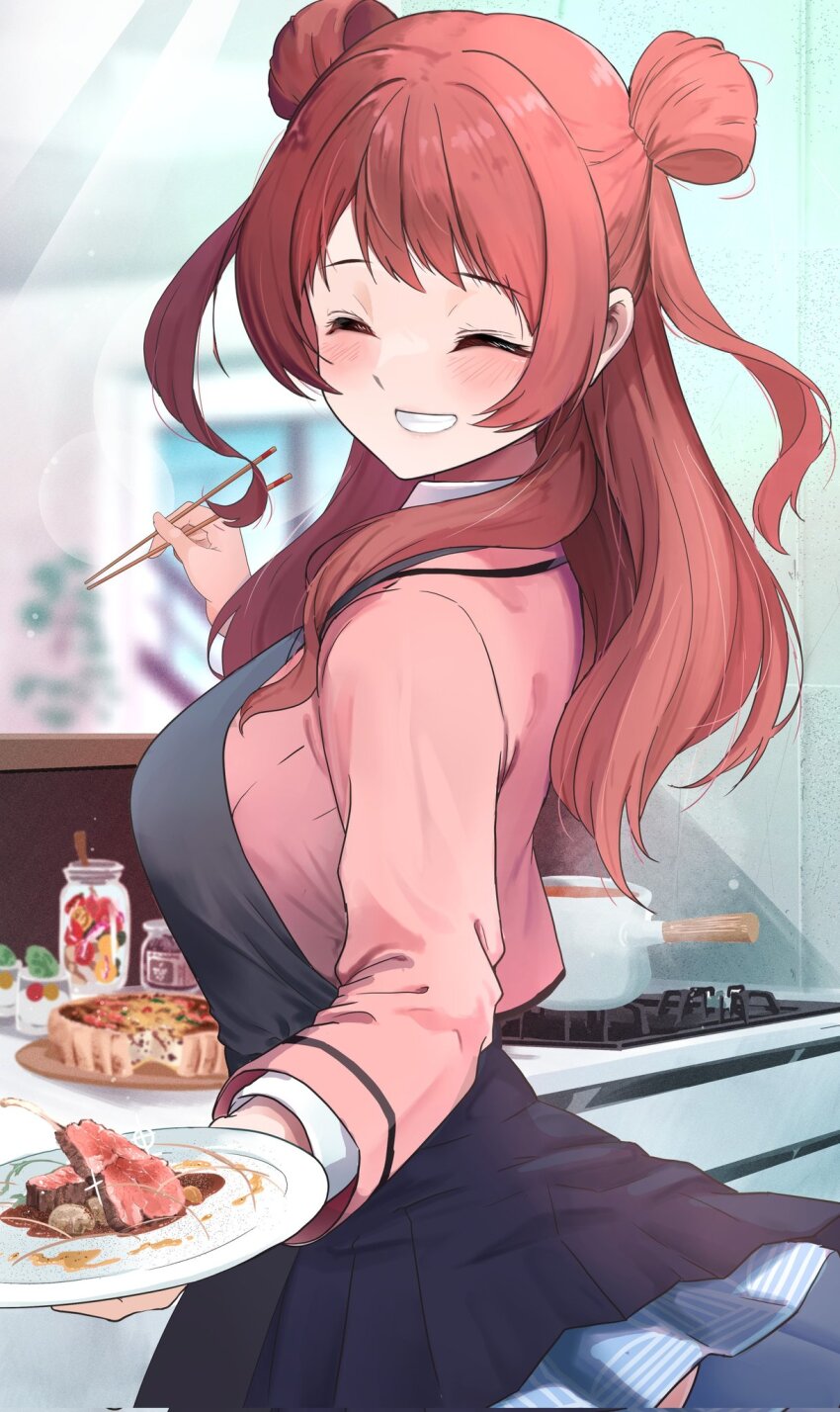 ^_^ blush brown_hair chopsticks closed_eyes commentary_request facing_viewer from_side gakuen_idolmaster grin hanami_saki highres holding holding_chopsticks holding_tray idolmaster indoors long_hair long_sleeves parted_lips sezok sliced_meat smile tray upper_body