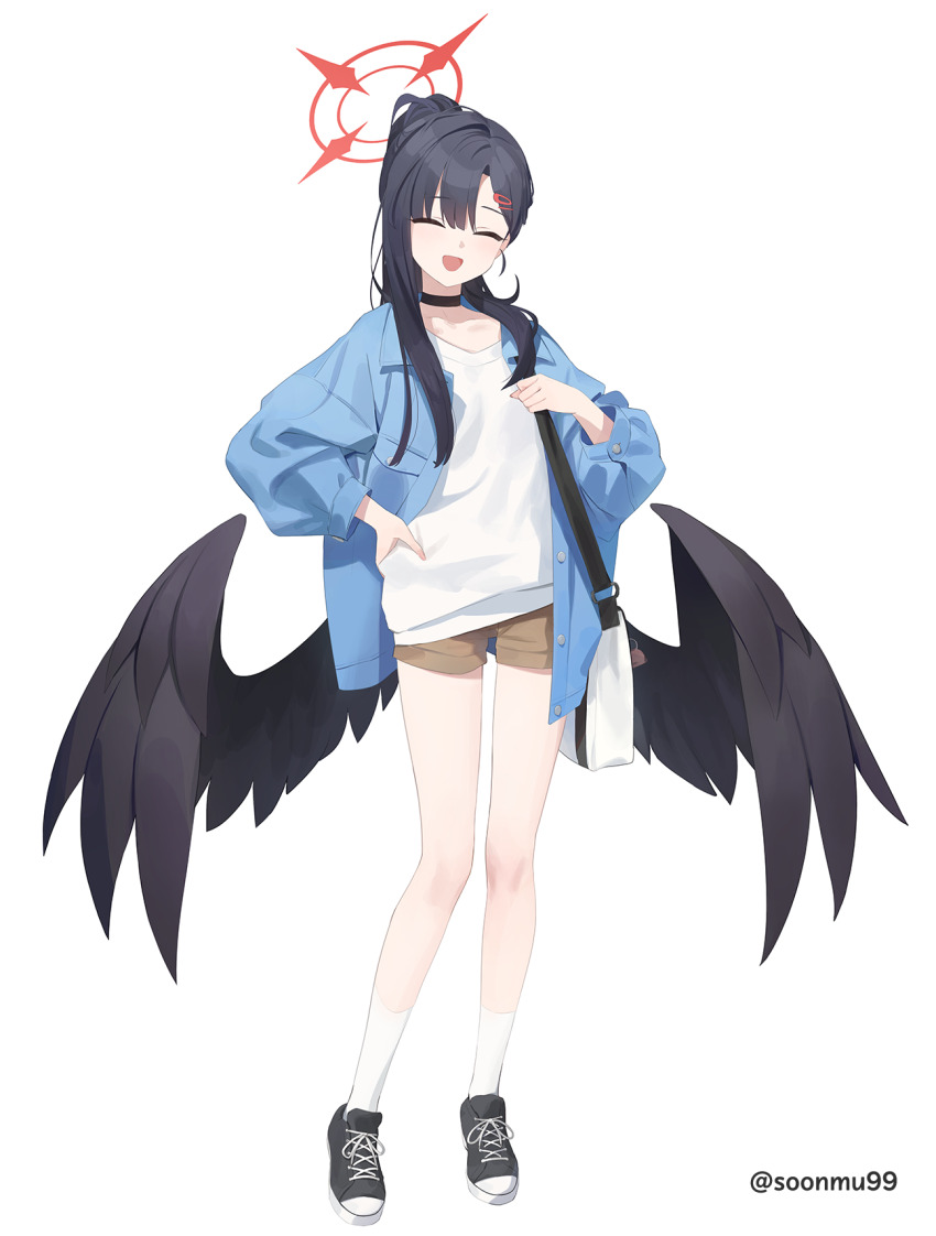 1girl ^_^ alternate_costume alternate_hairstyle artist_name black_hair black_wings blue_archive blue_jacket blunt_bangs blush casual closed_eyes commentary denim denim_jacket feathered_wings halo hand_on_own_hip highres ichika_(blue_archive) jacket long_hair low_wings open_clothes open_jacket open_mouth ponytail rang_go red_halo simple_background single_sidelock smile socks solo standing symbol-only_commentary thighs very_long_hair white_background white_socks wings