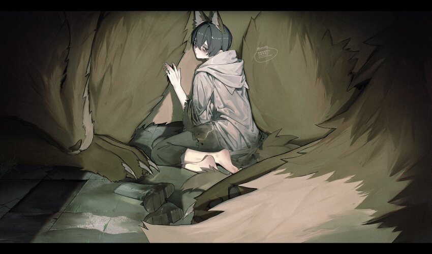 1boy absurdres animal animal_ears black_eyes black_hair boots claws curled_tail curled_up double-parted_bangs e.g.o_(project_moon) fox fox_ears fox_tail hair_between_eyes highres hood hood_down letterboxed limbus_company looking_at_viewer male_focus no_shoes official_alternate_costume on_floor outstretched_hand project_moon raincoat sitting sleeping_animal snn_shq spotlight sunshower_(e.g.o) tail tile_floor tiles yi_sang_(project_moon)