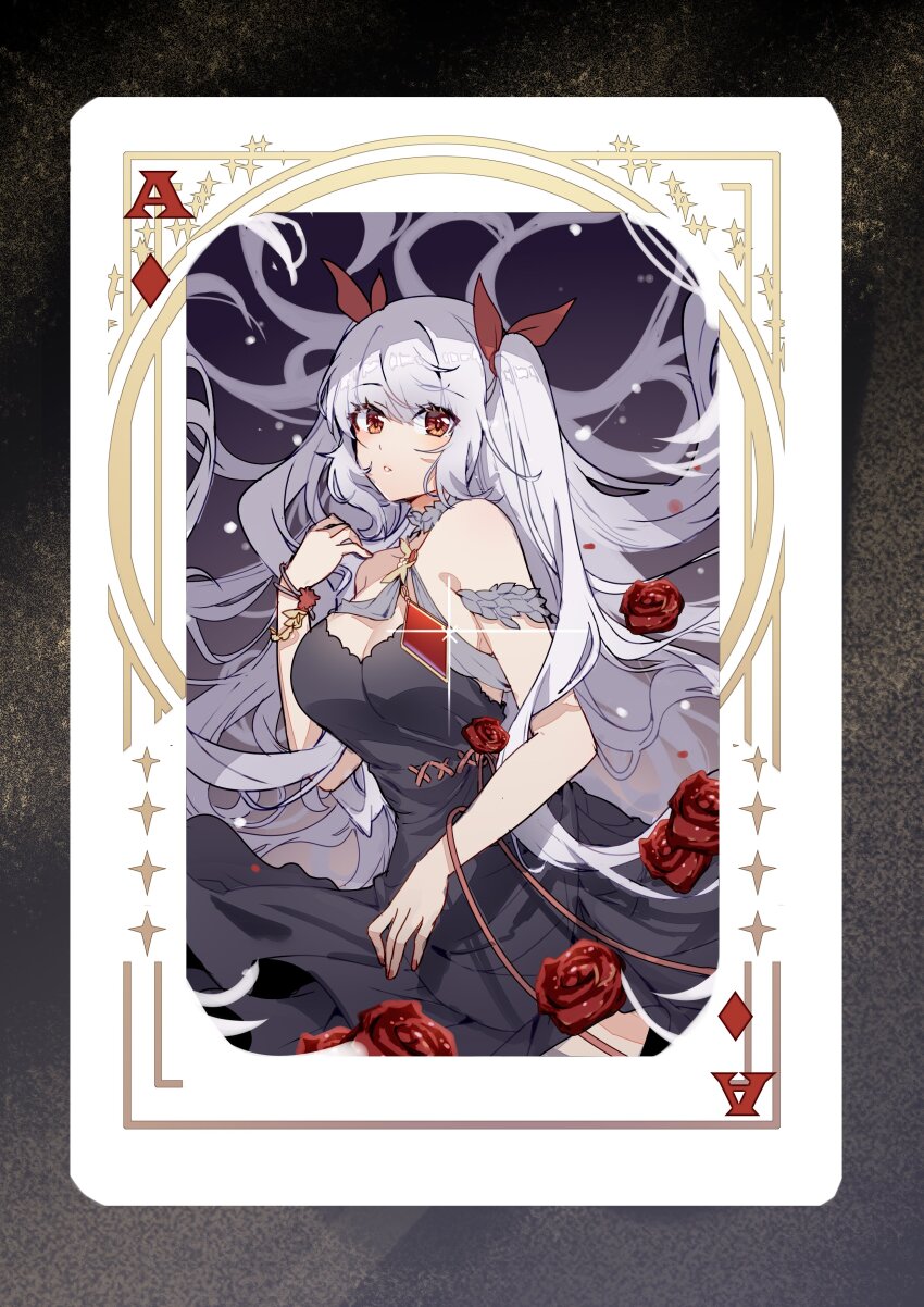 1girl absurdres aer_(tengqiu) bare_shoulders black_dress breasts card cleavage dress essex_(warship_girls_r) flower hair_ribbon highres large_breasts long_hair looking_at_viewer playing_card red_eyes red_flower red_ribbon red_rose ribbon rose solo twintails two_side_up very_long_hair warship_girls_r white_hair