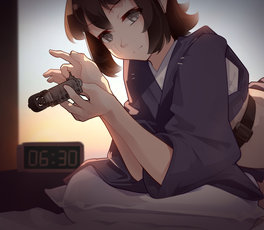 absurdres alarm_clock backlighting bed bed_sheet blue_robe brown_eyes brown_hair clock closed_mouth commentary day digital_clock english_commentary fingernails gender_request highres indoors lying medium_hair morning object_request on_bed on_pillow on_stomach original pillow robe shirt smile sunlight vectorek white_shirt window