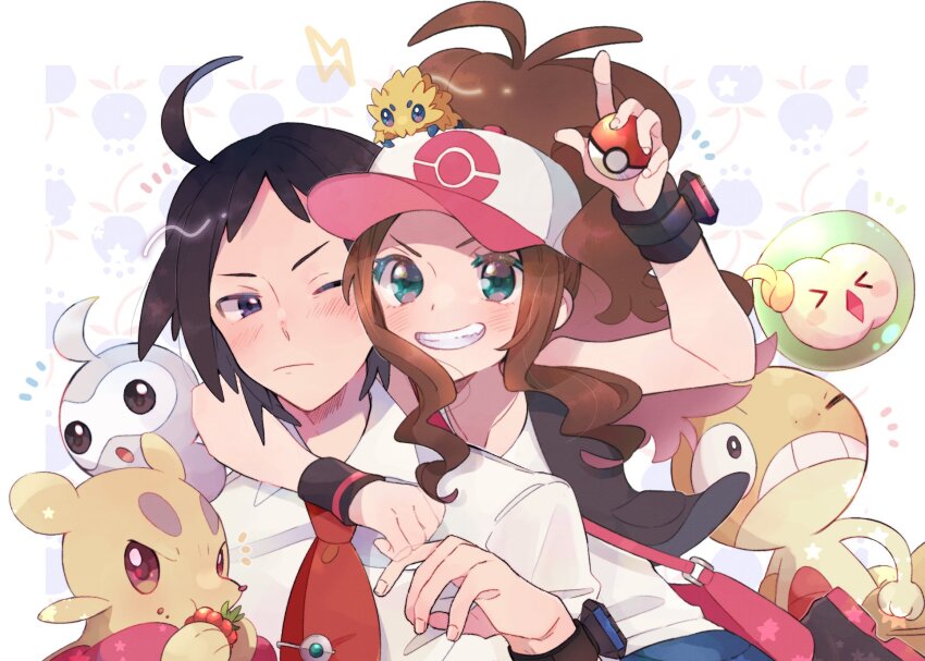 &gt;_&lt; 1boy 1girl :d ahoge baseball_cap berry_(pokemon) black_hair blue_eyes brown_hair castform castform_(normal) cheren_(pokemon) commentary_request eating gen_3_pokemon gen_5_pokemon hat high_ponytail highres hilda_(pokemon) holding holding_poke_ball long_hair mienfoo misha_(ohds101) necktie nintendo one_eye_closed open_mouth poke_ball poke_ball_(basic) poke_ball_print pokemon pokemon_(creature) pokemon_bw pokemon_bw2 ponytail print_headwear red_eyes red_necktie scraggy smile solosis white_background wristband xd