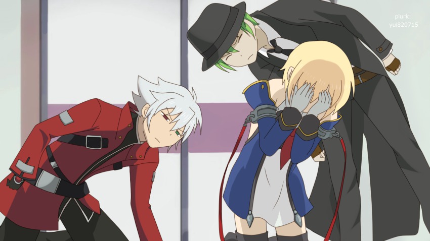 3boys arc_system_works black_pants blazblue blazblue:_calamity_trigger blonde_hair cosplay covering_face crossdressing crossdressing_(mtf) danshi_koukousei_no_nichijou detached_sleeves dress fedora green_eyes green_hair hat hazama heterochromia highres kisaragi_jin male_focus multiple_boys necktie noel_vermillion noel_vermillion_(cosplay) pants ragna_the_bloodedge red_eyes ruined_for_marriage short_dress short_hair sugita_tomokazu thighhighs trap voice_actor_connection white_hair yuinya_(chicken5536)