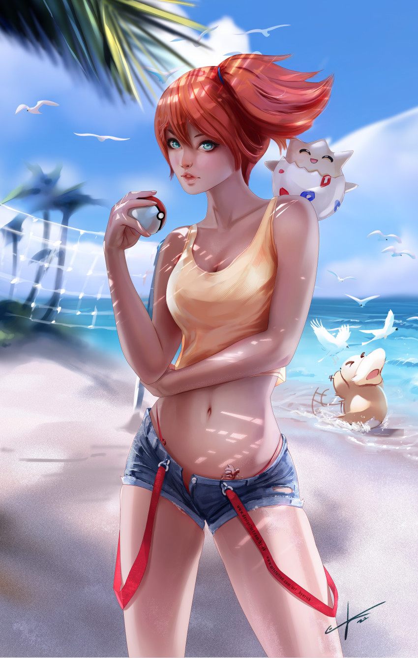 1girl absurdres asymmetrical_hair beach blush breasts by-ek eyelashes gen_1_pokemon gen_2_pokemon goldeen green_eyes gym_leader hair_between_eyes hair_tie highres holding holding_poke_ball misty_(pokemon) navel nintendo open_mouth orange_hair poke_ball pokemon pokemon_(anime) pokemon_(classic_anime) ponytail psyduck sand shirt short_hair short_shorts shorts side_ponytail suspenders tank_top tattoo togepi water yellow_shirt yellow_tank_top
