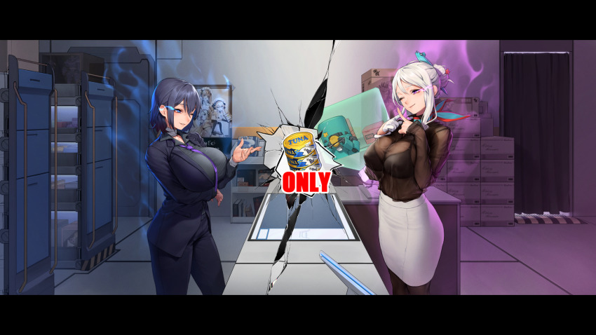 2girls aqua_scarf arm_under_breasts asymmetrical_bangs aura bandaged_neck bandaged_wrist bandages beeeeen black_bra black_coat black_hair black_pants black_shirt blouse blue_eyes bookshelf box bra bra_visible_through_clothes bracelet breasts brown_pantyhose cabinet can canned_tuna cardboard_box closed_mouth coat collared_shirt counter covered_erect_nipples cowboy_shot cracked_screen curtains door english_text eye_contact eye_trail faceoff fatima_(last_origin) fish_hair_ornament game_cg gloves grin hair_between_eyes hair_bun hair_ornament half_gloves hands_on_own_chest highres holding holding_can huge_breasts impossible_clothes impossible_jacket indoors jacket jewelry last_origin letterboxed light_trail looking_at_another magazine_(object) magazine_rack medium_hair monitor multicolored_scarf multiple_girls necktie nereid_(last_origin) official_alternate_costume official_art one_eye_closed pants pantyhose pencil_skirt poster_(object) purple_eyes purple_necktie red_scarf ring robot scarf see-through_clothes see-through_shirt shirt short_hair sidelocks single_glove single_hair_bun sirene_(last_origin) skirt smile standing star_(symbol) star_hair_ornament taut_clothes taut_skirt taylor_wristcut thetis_(last_origin) underwear white_gloves white_hair white_shirt x_fingers