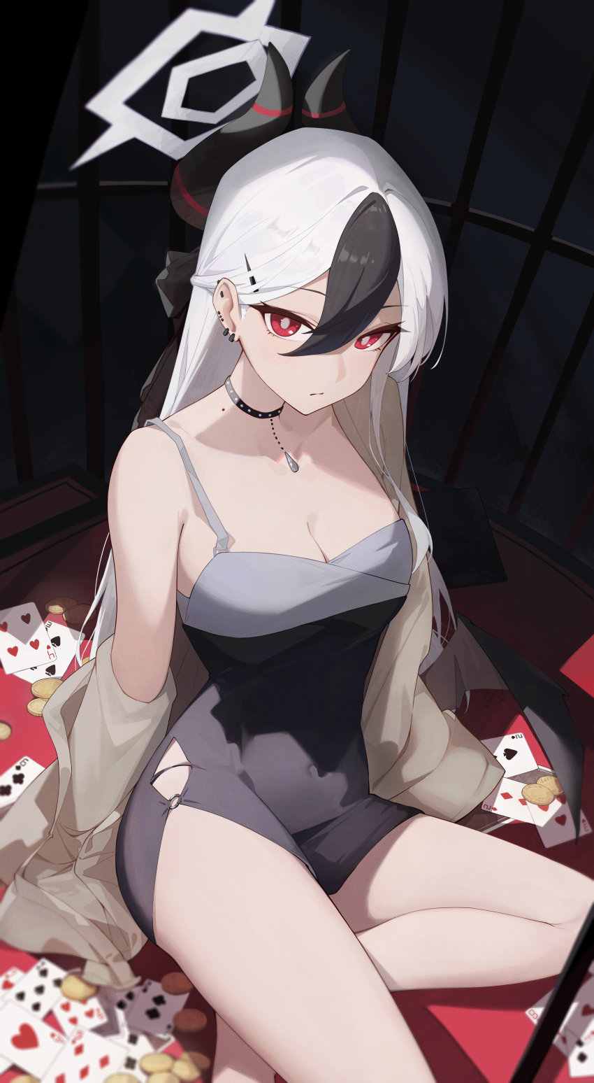 1girl absurdres ace_(playing_card) ace_of_hearts bare_shoulders black_choker black_dress blue_archive breasts bright_pupils brown_jacket card choker cleavage closed_mouth coin commentary_request covered_navel curled_horns dress ear_piercing earrings expressionless five_of_diamonds four_of_hearts hair_between_eyes hair_ornament hairclip halo heart highres horns jacket jewelry kayoko_(blue_archive) kayoko_(dress)_(blue_archive) long_hair long_sleeves looking_at_viewer low_wings mole mole_on_neck multicolored_hair off_shoulder official_alternate_costume open_clothes open_jacket panty_straps piercing playing_card red_eyes short_dress side_slit sitting six_of_clubs sleeveless sleeveless_dress small_breasts solo spaghetti_strap streaked_hair sukaliya thighs three_of_hearts three_of_spades two_of_clubs two_of_diamonds two_of_spades very_long_hair white_hair wings