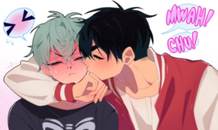 &gt;_&lt; 2boys alien_stage arm_around_neck black_hair black_shirt blush closed_eyes commentary english_commentary grey_hair highres ivan_(alien_stage) jacket letterman_jacket lqbtill male_focus multiple_boys red_jacket shirt short_hair till_(alien_stage) very_short_hair white_shirt yaoi