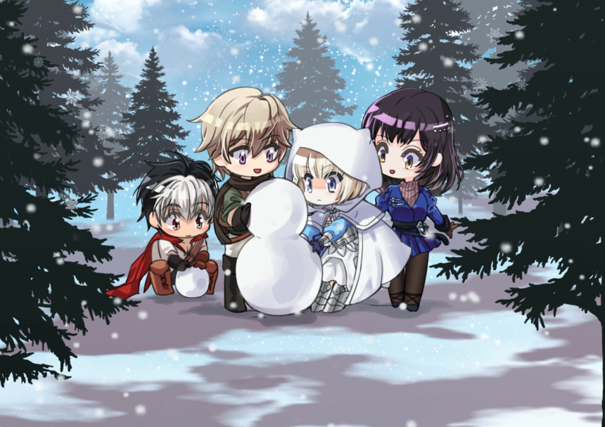 2boys 2girls armor black_cape black_footwear black_hair black_thighhighs blonde_hair blue_dress blue_eyes boots breasts brown_dust_(series) brown_dust_2 brown_eyes brown_footwear cape chest_armor chibi clip_studio_paint_(medium) cloak closed_mouth dress full_body gray_(brown_dust) greaves green_shirt grey_eyes grey_sweater hood hooded_cloak justia_(brown_dust) justia_(white_reaper)_(brown_dust) knee_boots l_(yuda07) large_breasts lathel_(brown_dust) light_blush multicolored_hair multiple_boys multiple_girls open_mouth pants pine_tree purple_eyes red_cape scheherazade_(brown_dust) scheherazade_(the_lapis_witch)_(brown_dust) shirt small_breasts smile snowing snowman squatting sweater thighhighs tree turtleneck turtleneck_sweater two-tone_hair vambraces white_cloak white_hair white_pants white_shirt