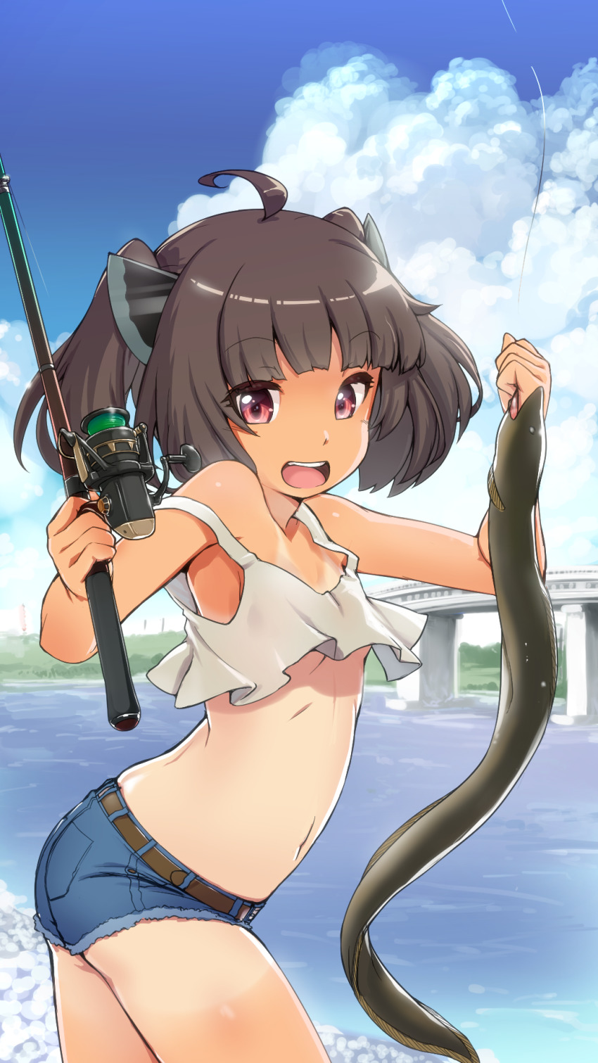 1girl :d ahoge belt black_hair bridge crop_top cutoffs day denim denim_shorts eel female_focus fishing fishing_line fishing_rod highres holding holding_fishing_rod navel open_mouth outdoors pink_eyes short_shorts shorts smile solo takeda_yukimura tan tanline touhoku_kiritan twintails twisted_torso voiceroid