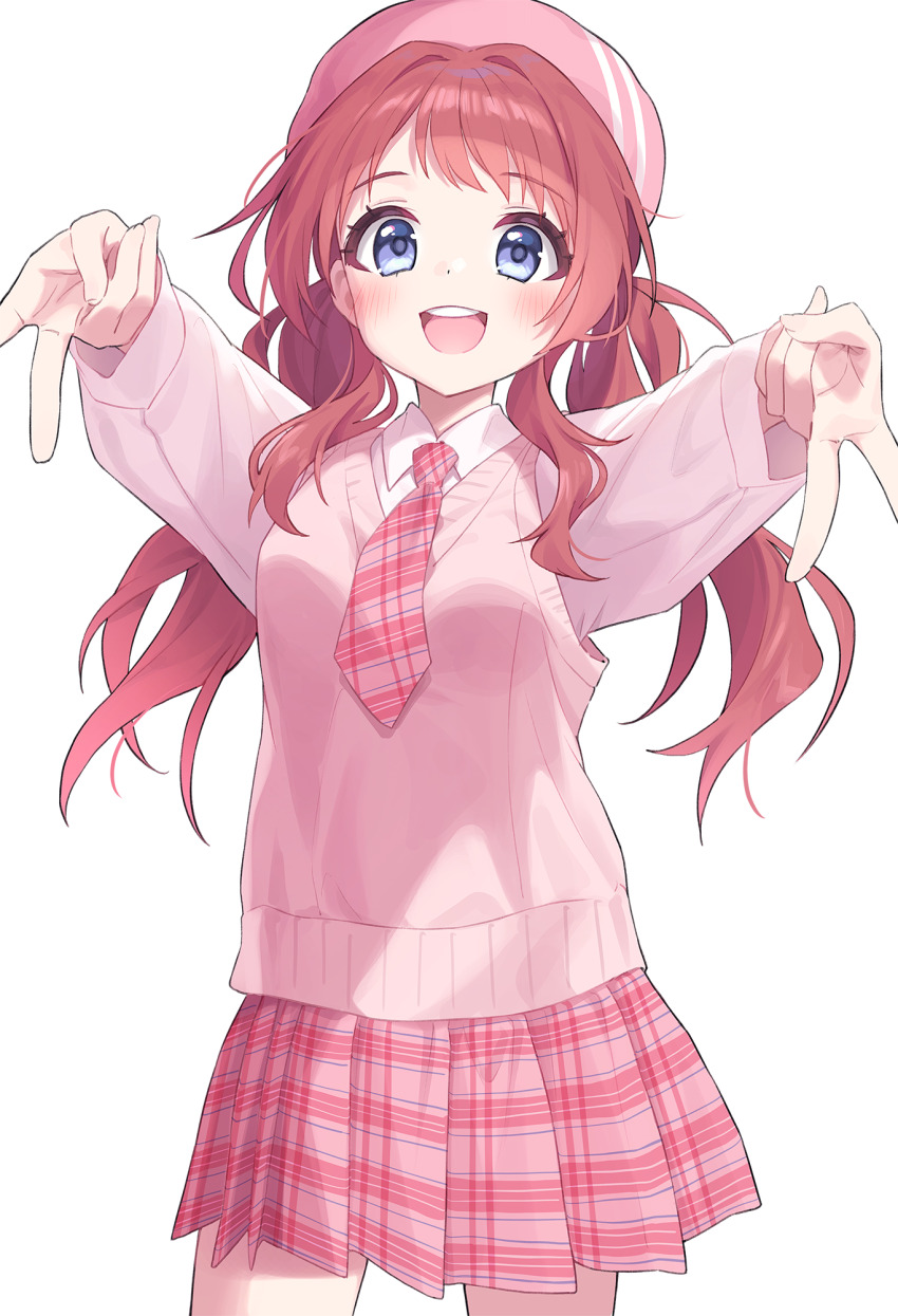 1girl :d beret blue_eyes blush breasts brown_hair chobi_(penguin_paradise) collared_shirt commentary_request cowboy_shot gakuen_idolmaster hanami_saki hat highres idolmaster long_hair long_sleeves looking_at_viewer low_twintails necktie open_mouth outstretched_arms pink_hat pink_necktie pink_skirt plaid_clothes plaid_necktie plaid_skirt pleated_skirt puffy_long_sleeves puffy_sleeves school_uniform shirt simple_background skirt small_breasts smile solo sweater_vest twintails white_background white_shirt