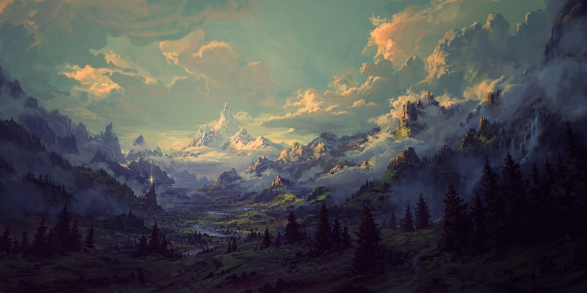building cloud cloudy_sky commentary forest grass highres krita_(medium) landscape mountain mountainous_horizon nature no_humans original outdoors philipp_urlich river road scenery sky tower tree valley