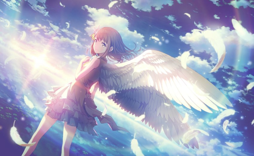 1girl angel_wings arm_at_side backlighting bare_arms blue_sky breasts brown_hair buckle clenched_hand closed_mouth cloud cloudy_sky clover_(flower) colorful_palette day doily dot_nose dress dutch_angle feather_hair_ornament feathered_wings feathers feet_out_of_frame fingernails floating_hair flower from_behind grey_dress grey_eyes hair_behind_ear hair_between_eyes hair_ornament hanasato_minori hand_on_own_chest hand_up heart heart-shaped_buckle highres horizon layered_dress legs_apart lens_flare light looking_at_viewer looking_back medium_hair official_art outdoors project_sekai reflection reflective_water scenery sideboob sky sleeveless sleeveless_dress small_breasts smile solo swept_bangs todoke!_hopeful_stage_(project_sekai) water white_feathers white_wings wings