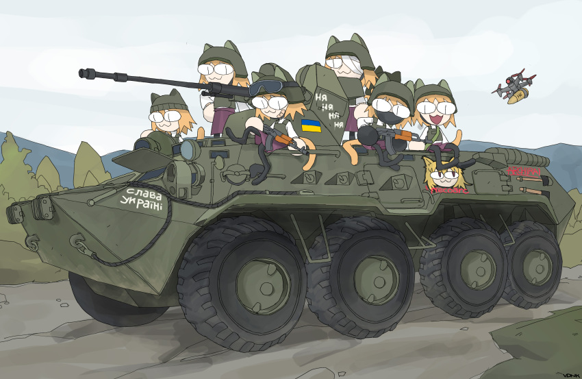 19vodnik absurdres ak-74 animal_ears armored_personnel_carrier armored_vehicle assault_rifle bandages cat_ears cat_tail drone goggles goggles_on_head gun helmet highres kalashnikov_rifle military_vehicle motor_vehicle neco-arc outdoors quadcopter rifle russo-ukrainian_war sky tail tsukihime ukrainian_flag ukrainian_ground_forces unmanned_aerial_vehicle weapon zionism