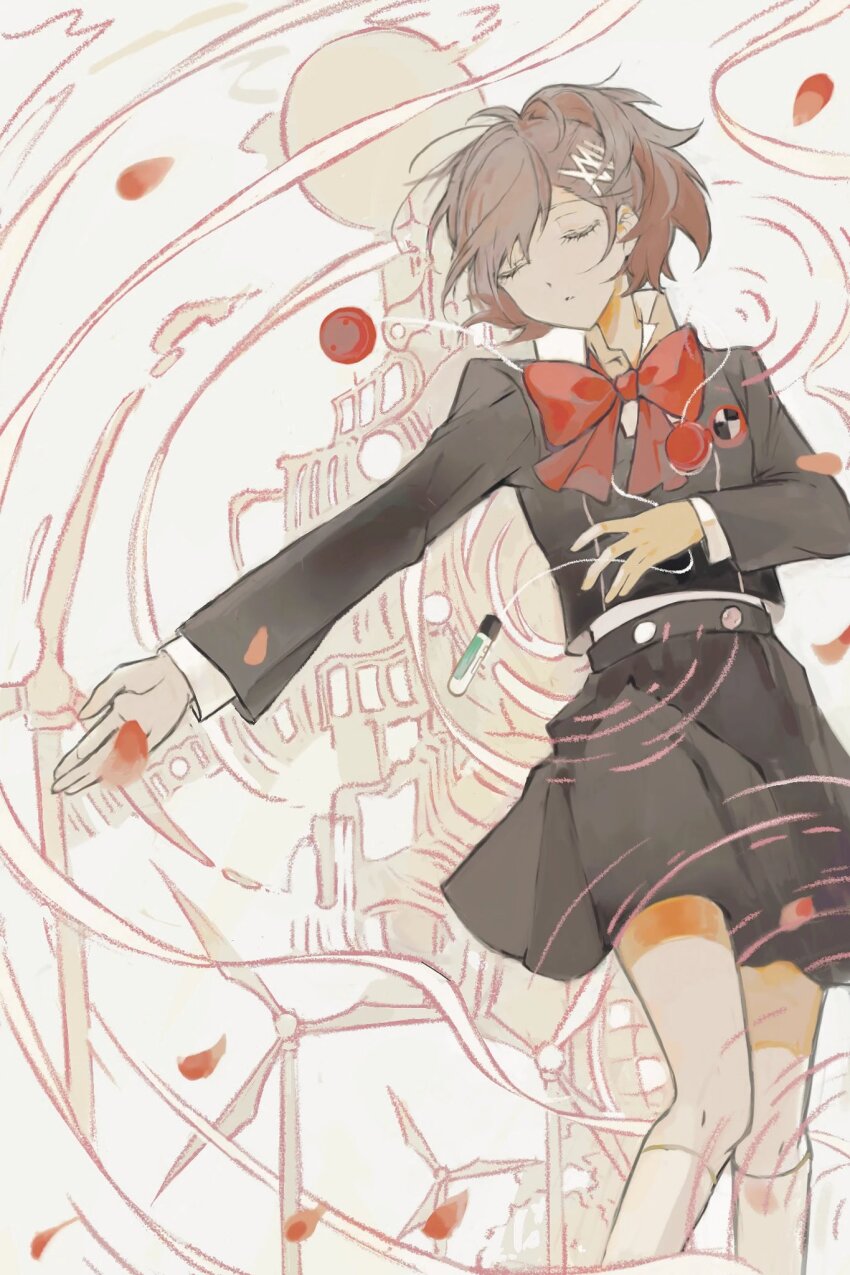 1girl black_skirt bow bowtie brown_hair closed_eyes collared_shirt gekkoukan_high_school_uniform hair_ornament hairclip highres kneehighs long_sleeves moon mxm1ao persona persona_3 persona_3_portable petals red_bow red_bowtie red_moon ripples school_uniform shiomi_kotone shirt skirt socks solo tartarus white_shirt white_socks