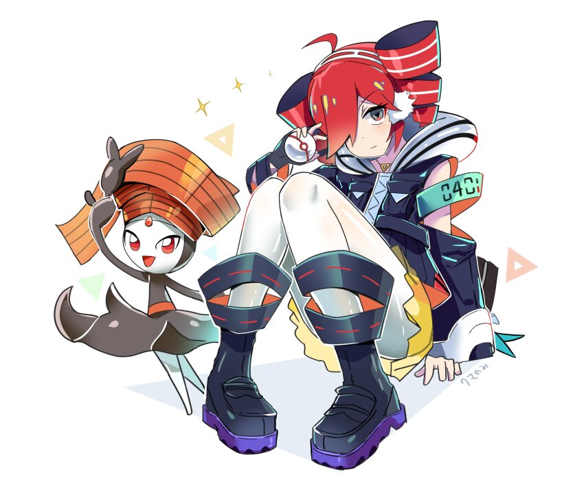 absurdres arm_cutout drill_hair gen_5_pokemon highres holding holding_poke_ball hood hooded_vest hoodie kasane_teto legendary_pokemon meloetta meloetta_(pirouette) mp777b mythical_pokemon nintendo poke_ball pokemon premier_ball project_voltage rival_teto_(project_voltage) triangle_necklace twin_drills utau vest vocaloid