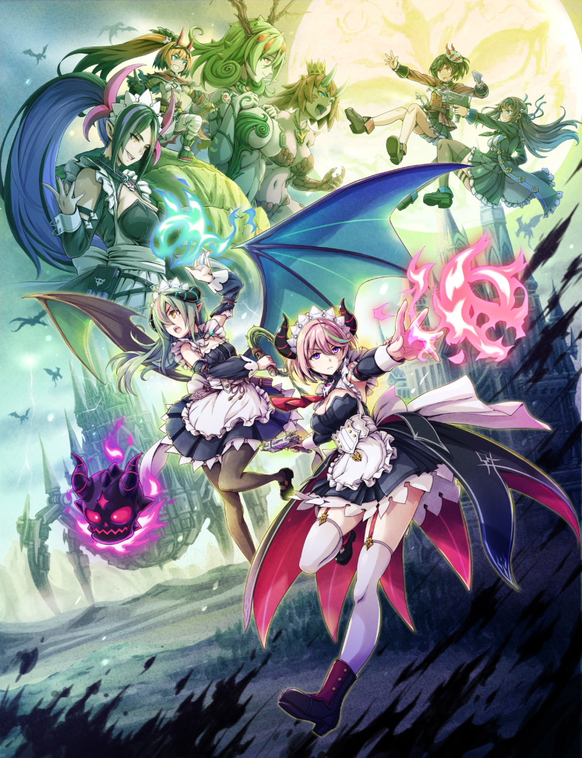 6+girls black_dress black_horns blue_fire breasts castle cleavage demon_girl demon_horns demon_lord_maxim_(galgun) demon_wings dranis_(galgun) dress fire flat_chest full_moon gal_guardians gal_gun_(series) green_hair green_wings gun head_maid_lysa_(galgun) highres holding holding_gun holding_weapon holding_whip horns kamizono_maya kamizono_shinobu kirika_(galgun) large_breasts long_hair maid maid_headdress masha_(galgun) moon multicolored_hair multiple_girls official_art pink_fire pink_hair queen_gardenas_(galgun) short_hair siblings sisters streaked_hair two-tone_hair weapon wings