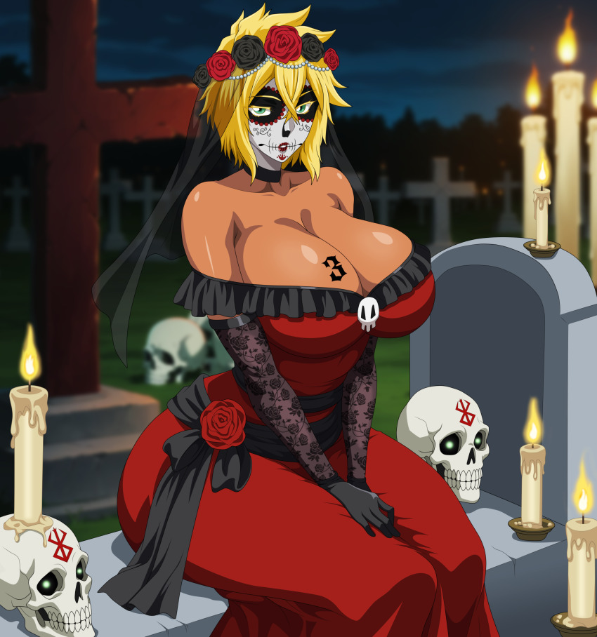 absurdres bare_shoulders bleach blonde_hair breast_tattoo breasts candle collarbone colored_eyelashes commentary dark-skinned_female dark_skin dia_de_muertos dress elbow_gloves english_commentary espada flower gloves graveyard green_eyes head_wreath highres large_breasts looking_at_viewer medium_hair mexican_dress number_tattoo parted_lips red_dress reilchi rose shiny_skin sitting skull tattoo tier_harribel tombstone