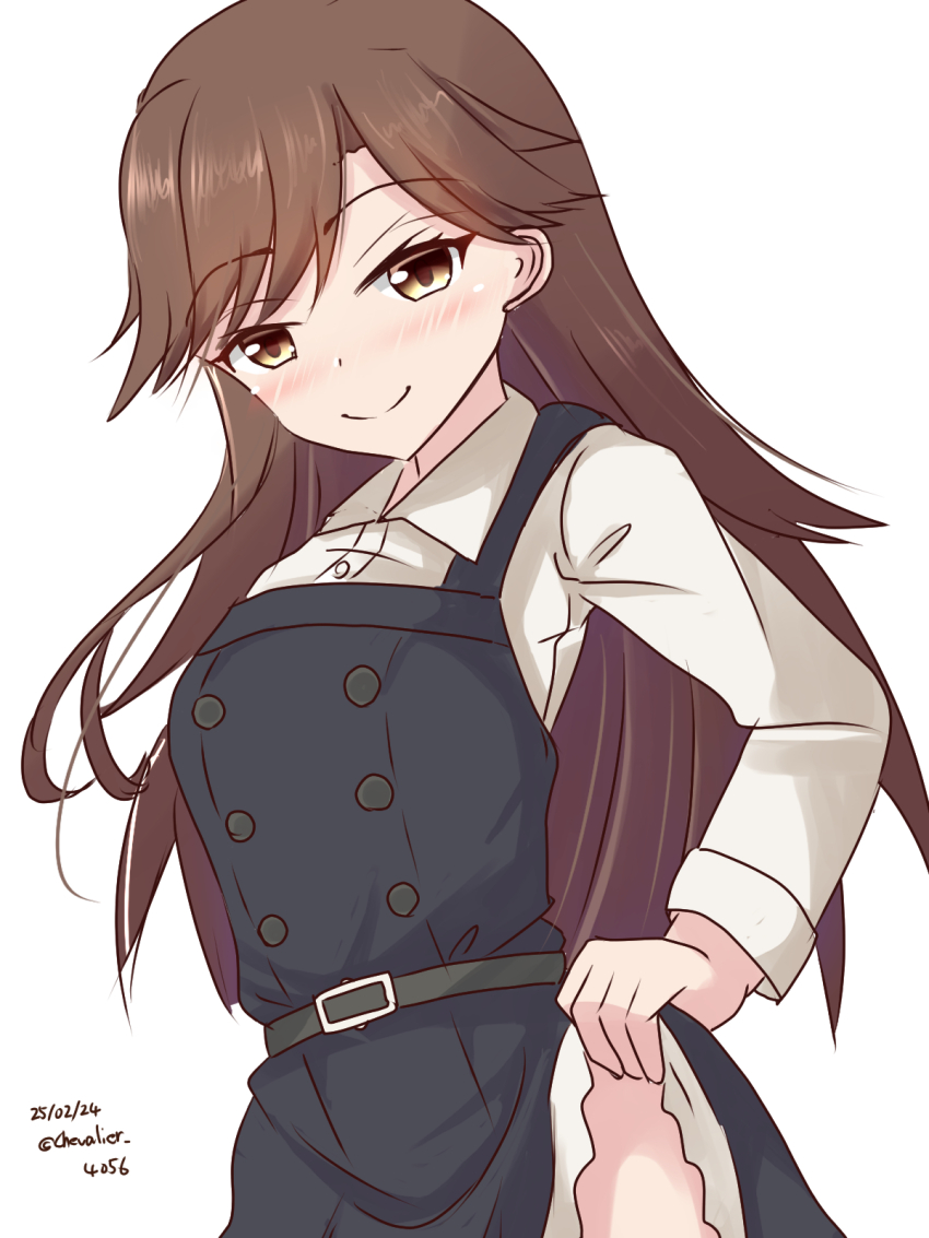 1girl arashio_(kancolle) arashio_kai_ni_(kancolle) blush breasts brown_eyes brown_hair clothes_lift dated dress dress_lift frilled_dress frills highres kantai_collection lifting_own_clothes long_hair long_sleeves looking_at_viewer one-hour_drawing_challenge pinafore_dress sawatani_(chevalier_04056) school_uniform shirt simple_background sleeveless sleeveless_dress small_breasts smile solo twitter_username white_background white_shirt