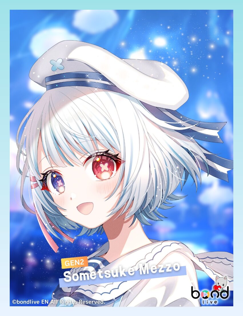 1girl :d blue_eyes blue_hair blurry blurry_background blush bond_en bondlive commentary copyright_notice english_commentary hat heterochromia highres logo looking_at_viewer multicolored_hair official_art open_mouth red_eyes sailor_collar second-party_source shione_(memento_forest) smile solo sometsuke_mezzo streaked_hair symbol-shaped_pupils virtual_youtuber white_hair white_hat white_sailor_collar x-shaped_pupils
