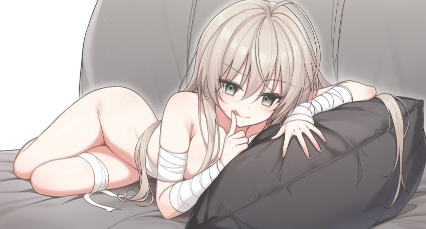&gt;:) 1girl :q absurdres ahoge alternate_hairstyle armpit_crease bandaged_arm bandaged_leg bandages bare_shoulders blush breasts brown_hair closed_mouth collarbone commentary_request couch eyes_visible_through_hair full_body ghost_villager green_eyes hair_between_eyes hair_down hair_spread_out hands_up highres huge_ahoge index_finger_raised kasugano_sora licking_lips long_hair looking_at_viewer lying medium_breasts naked_bandage naughty_face nude on_couch on_side partial_commentary pillow simple_background smile solo thigh_gap thighs tongue tongue_out v-shaped_eyebrows very_long_hair white_background yosuga_no_sora