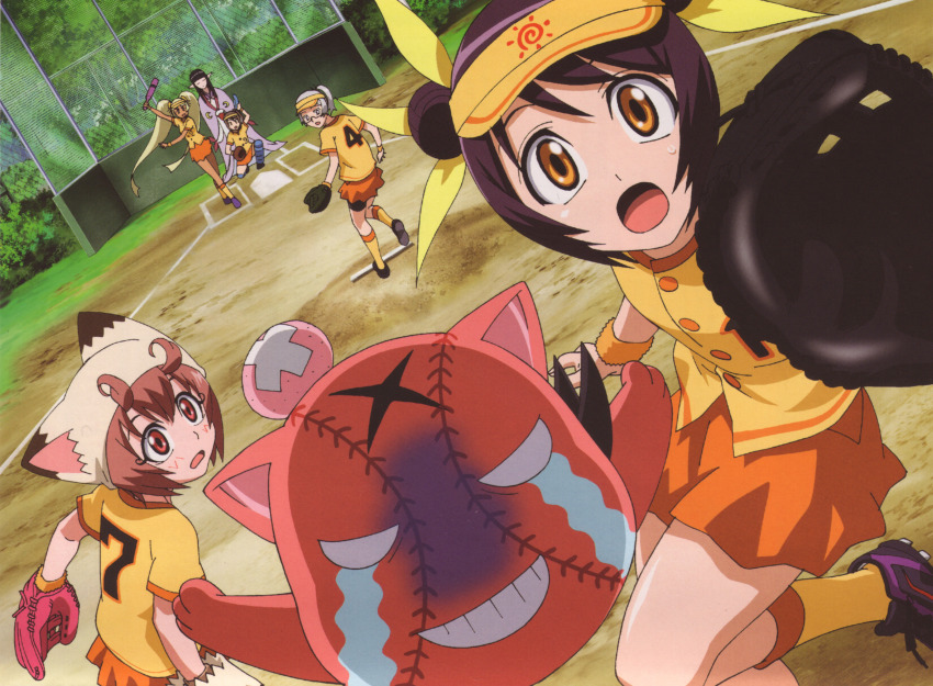 00s 1boy 5girls :o absurdres animal_ears azami azami_(himawari) baseball baseball_glove cat_ears dutch_angle highres himawari himawari! himeji hinata_himawari momota multiple_girls official_art orange_eyes purple_hair red_eyes red_hair scan shikimi shikimi_(himawari) skirt sweatdrop trap tsukiyo-hime uniform visor_cap yusura yusura_(himawari)