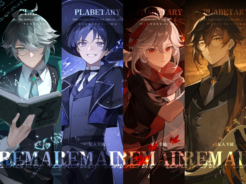 4boys absurdres ahoge alhaitham_(genshin_impact) alternate_costume antenna_hair aqua_necktie bandaged_arm bandages belt bespectacled black_background black_belt black_cape black_capelet black_coat black_gloves black_hat black_pants black_ribbon black_shirt black_sleeves black_vest blue_background blue_hair blue_jacket blunt_ends book brooch brown_hair buttons cape capelet chinese_commentary closed_mouth coat collared_shirt column_lineup cowboy_shot cropped_jacket diamond-shaped_pupils diamond_(shape) double-breasted earrings electricity expressionless eyes_visible_through_hair eyeshadow fengtu_ad floating_scarf genshin_impact glasses gloves gradient_background green_background green_coat green_eyes grey_hair grey_jacket grey_sweater_vest grin hair_between_eyes hair_over_one_eye hair_over_shoulder hand_up hat highres holding holding_book holding_scroll jacket jewelry kaedehara_kazuha lapels layered_sleeves leaf leaf_print long_hair long_sleeves looking_at_viewer low_ponytail magic makeup male_focus mandarin_collar maple_leaf maple_leaf_print monocle multicolored_hair multiple_boys neck_ribbon necktie notched_lapels open_book open_clothes open_coat open_jacket pants parted_bangs parted_lips patterned_clothing ponytail purple_eyes red_background red_eyes red_eyeshadow red_hair red_scarf ribbon runes scaramouche_(genshin_impact) scarf scroll shirt shirt_tucked_in short_hair short_sleeves single_earring single_off_shoulder single_sidelock smile smoke streaked_hair striped_clothes striped_scarf sweater_vest symbol-shaped_pupils tassel tassel_earrings top_hat triangle_earrings two-sided_cape two-sided_coat two-sided_fabric vest watermark white_hair white_necktie white_shirt wide_sleeves wizard yellow_background yellow_coat yellow_eyes zhongli_(genshin_impact)