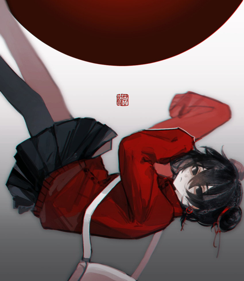 1girl black_eyes black_hair black_pantyhose black_skirt chinese_commentary closed_mouth commentary_request double_bun earrings hair_between_eyes hair_bun hair_ribbon high_collar highres jacket jewelry li_yuting_(female) long_sleeves miniskirt mole mole_under_each_eye mole_under_eye multiple_moles pantyhose pleated_skirt red_jacket red_ribbon ribbon short_hair skirt sleeves_past_fingers sleeves_past_wrists solo touqi_guaitan variant_set white_bag yizhiezi645