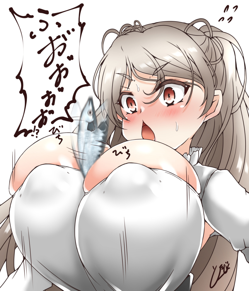 armpit_cutout between_breasts blush breasts brown_eyes cleavage cleavage_cutout clothing_cutout conte_di_cavour_(kancolle) corset covered_erect_nipples dress fish frilled_dress frills grey_dress grey_hair highres impossible_clothes kantai_collection large_breasts layered_dress long_sleeves saury simple_background speech_bubble surprised sweatdrop tokiziku two-tone_dress two_side_up upper_body white_background white_dress