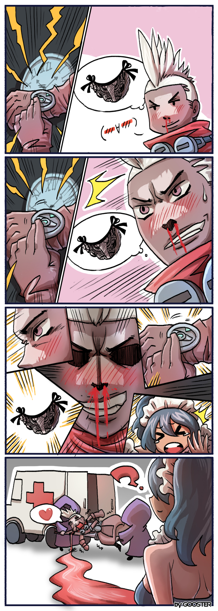 1girl 3boys ? absurdres ambulance blood blush comic dark_skin ekko_(league_of_legends) gameplay_mechanics ghost_(gost8643) gooster highres league_of_legends lingerie mohawk multiple_boys nosebleed panties silent_comic speech_bubble summoner_(league_of_legends) thought_bubble tripping underwear waitress watch