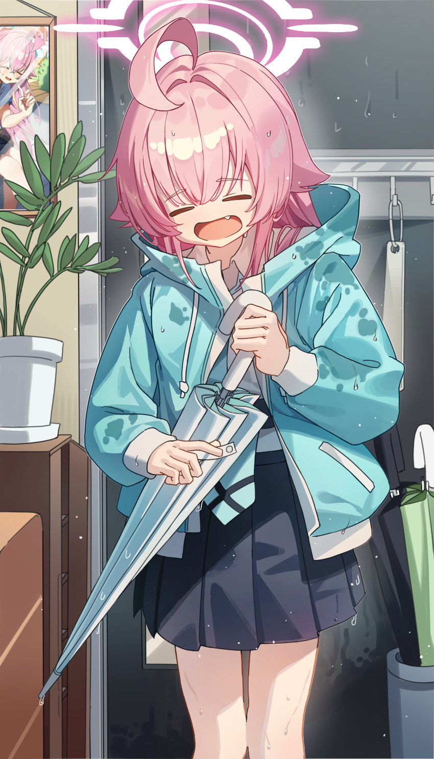 1girl absurdres ahoge alternate_costume aqua_necktie blue_archive blue_jacket blue_skirt capry closed_eyes collared_shirt commentary_request fang feet_out_of_frame hair_between_eyes hair_flaps hair_intakes halo highres holding holding_umbrella hoshino_(blue_archive) huge_ahoge indoors jacket long_hair necktie open_clothes open_jacket open_mouth photo_(object) pink_hair pink_halo plant pleated_skirt potted_plant shirt sidelocks skirt solo standing umbrella water_drop white_shirt