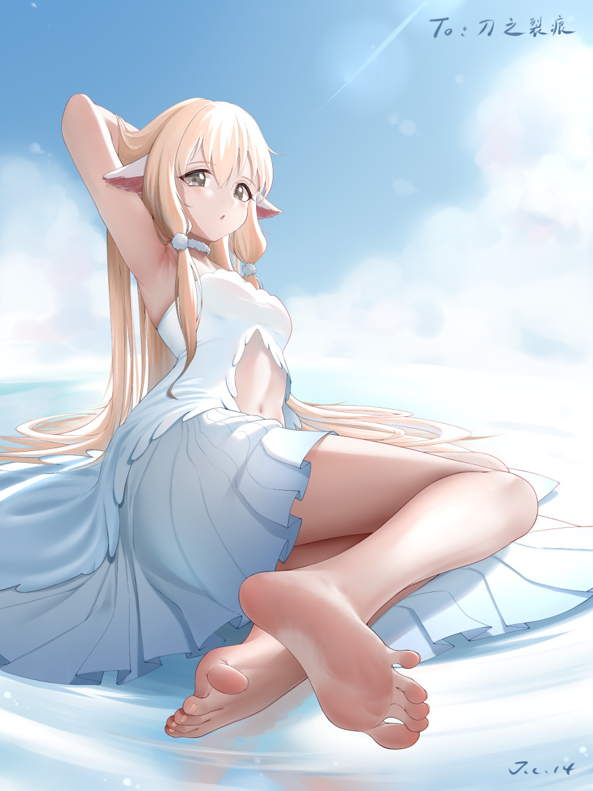 1girl absurdres arm_up armpits arms_behind_head arms_up bare_legs barefoot blonde_hair chii dress feet highres j.c.14 long_legs long_skirt navel skirt sleeveless sleeveless_dress soles sunlight toes tsubasa_chronicle white_dress white_skirt
