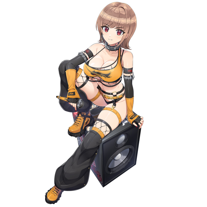 1girl amplifier bikini black_bra black_gloves bra breasts brown_hair choker cleavage dolphin_wave earrings elbow_gloves feather_earrings feathers fingerless_gloves game_cg gloves harness highres holding holding_microphone jewelry kamie_tsugumi large_breasts leg_warmers looking_at_viewer medium_hair microphone nail_polish navel non-web_source o-ring o-ring_harness official_art ootomo_takuji orange_shoes red_eyes red_nails shoes single_earring single_sidelock sneakers solo spiked_choker spikes swimsuit thigh_strap transparent_background underwear