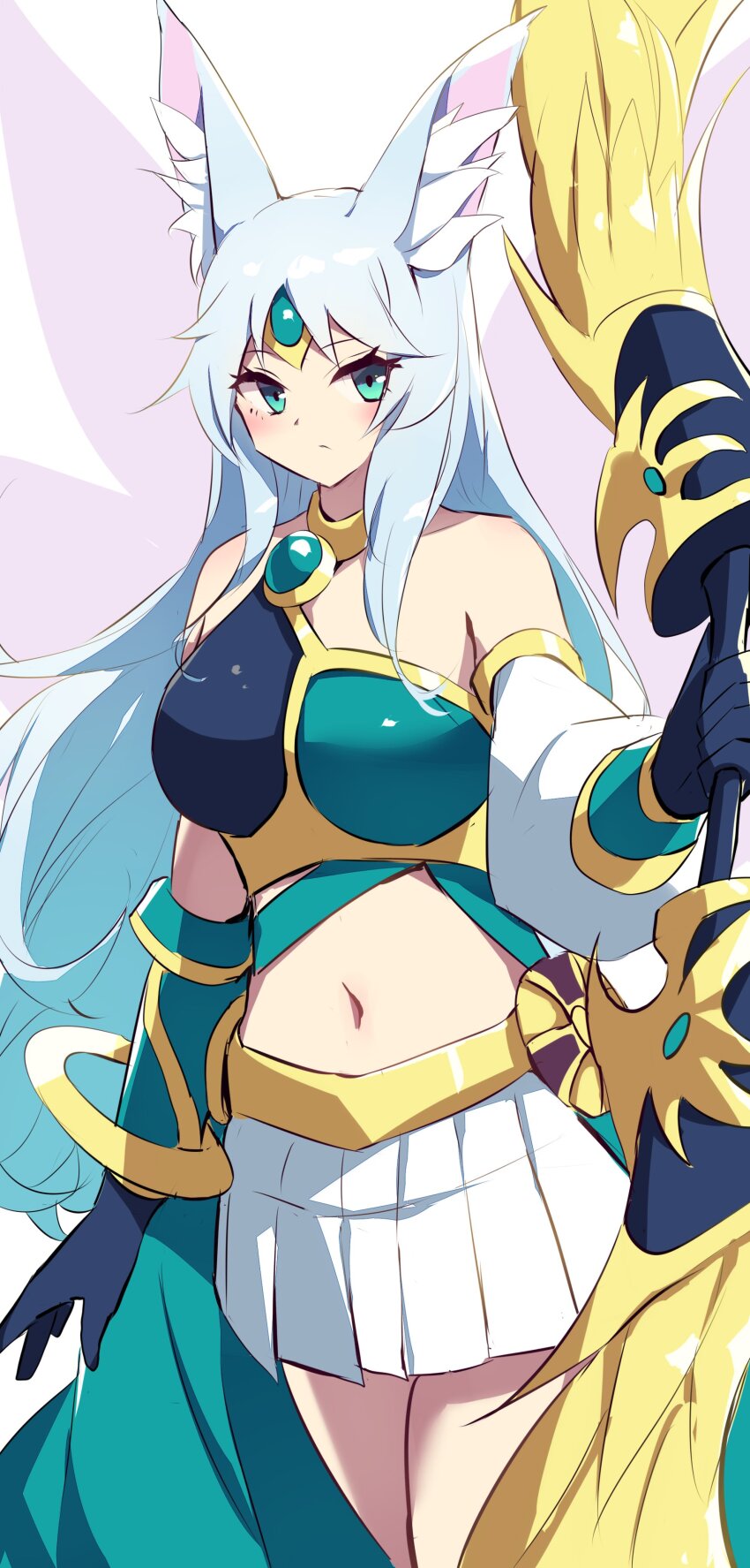1girl absurdres animal_ear_fluff animal_ears apollousa_bow_of_the_goddess armor bare_shoulders blue_hair bow_(weapon) breastplate breasts cowboy_shot duel_monster highres holding holding_bow_(weapon) holding_weapon kanzakietc large_breasts long_hair midriff miniskirt navel pleated_skirt skirt solo tiara weapon white_skirt yu-gi-oh!