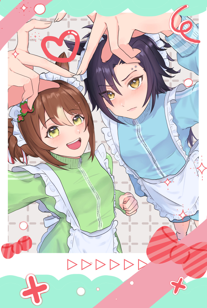 2girls absurdres air_shakur_(umamusume) apron blue_jacket blue_shorts blush bow clenched_hand clover_hair_ornament commentary_request eyebrow_piercing fine_motion_(umamusume) green_eyes green_jacket hair_between_eyes hair_bun hair_ornament heart heart_hands heart_hands_duo heart_in_heart_hands highres horse_girl jacket jersey_maid long_hair long_sleeves maid maid_apron maid_headdress multicolored_hair multiple_girls open_mouth piercing red_bow short_hair shorts smile sparkle streaked_hair striped_bow teeth umamusume unconventional_maid upper_teeth_only white_hair y3_(user_heyx5852) yellow_eyes